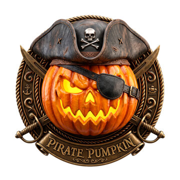 Spooky Halloween pirate pumpkin with eye patch and pirate hat, glowing from within, surrounded by crossed swords and nautical emblems PNG Isolated on transparent background