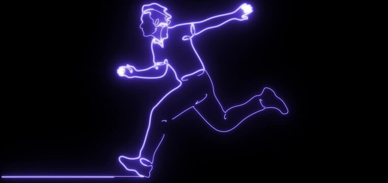 Continuous glowing purple line art animation of a cricket player running fast during a match.