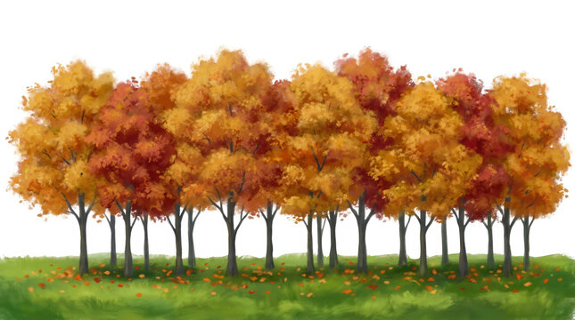 Una hilera de &aacute;rboles oto&ntilde;ales con follaje vibrante en tonos naranja, rojo y amarillo sobre un c&eacute;sped verde, aislados sobre un fondo blanco, ideal para dise&ntilde;os estacionales y composiciones gr&aacute;ficas.