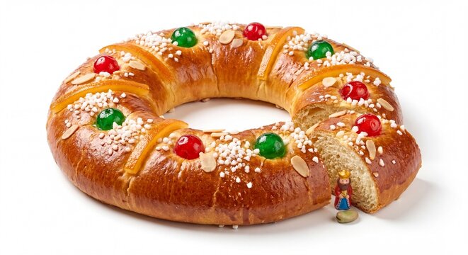 A festive Roscon de Reyes cake decorated with candied fruits and a small figurine on the side.