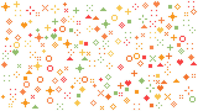 Colorful Retro Pixel Art Pattern with Geometric Shapes Hearts and Stars on White Background
