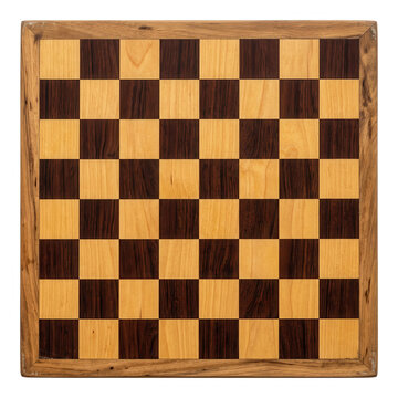 Tablero de ajedrez de madera cl&aacute;sico con patr&oacute;n de cuadros oscuros y claros, vista cenital directa sobre fondo blanco aislado, ideal para conceptos de estrategia, competencia y juegos de mesa