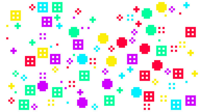 Colorful Pixelated Shapes And Retro Geometric Patterns On White Background