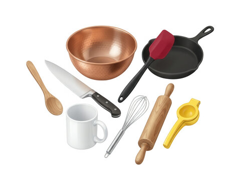 Conjunto de utensilios de cocina variados que incluye un bol de cobre, sart&eacute;n de hierro fundido, cuchillo de chef, esp&aacute;tula, rodillo de madera, batidor de varillas, taza blanca y exprimidor de