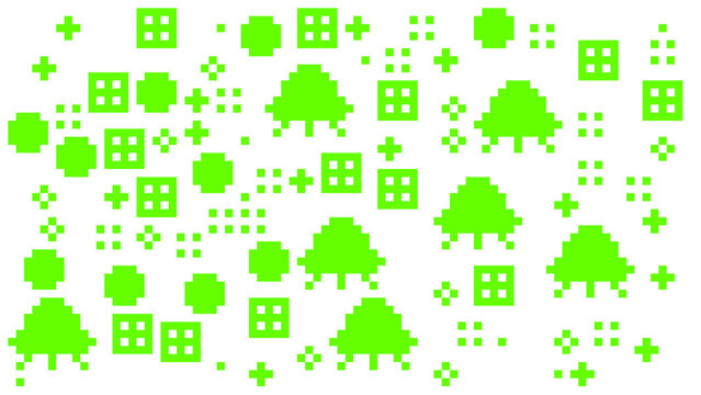 Retro 8 Bit Pixel Art Pattern with Green Space Invaders and Arcade Game Icons on White Background