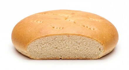 Naklejka premium A single fresh loaf of rustic white bread with a golden crust isolated on a plain white background.