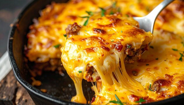 Golden cheese pull breakfast casserole with melted cheddar and herbs served in cast iron skillet