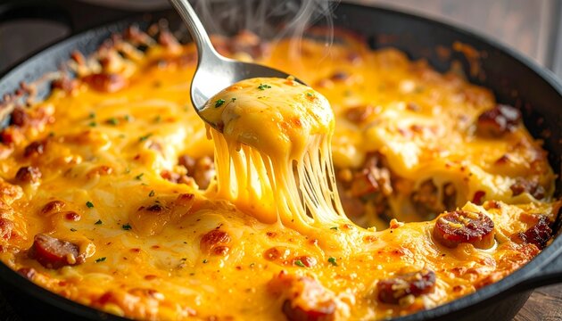 Golden cheese pull from savory breakfast casserole with melted cheddar and sausage in cast iron skillet