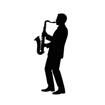 Black saxophone player silhouette playing music isolated on white background