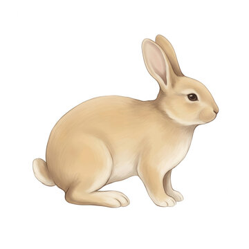Ilustraci&oacute;n detallada de un conejo de color beige con pelaje suave, orejas largas y ojos oscuros, representado en una pose est&aacute;tica sobre un fondo blanco puro, ideal para dise&ntilde;o gr&aacute;fico y proyectos