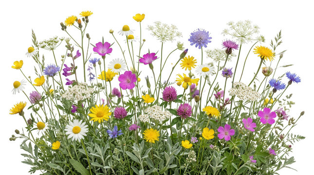 Un arreglo vibrante de flores silvestres coloridas que incluye margaritas, acianos y tr&eacute;boles, aislado sobre un fondo blanco puro, ideal para dise&ntilde;os bot&aacute;nicos, tarjetas de felicitaci&oacute;n y proyectos