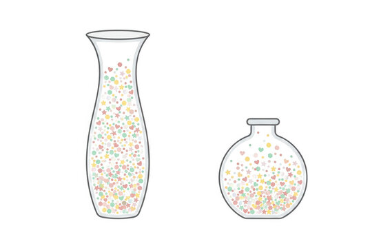 Ilustraci&oacute;n vectorial de dos jarrones de vidrio transparente, uno alto y otro redondo, llenos de confeti de corazones de colores pastel sobre un fondo blanco aislado.