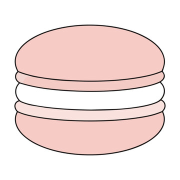 Minimalist icon of a single round pink french macaron with cream filling on a white background, sweet treat food design concept