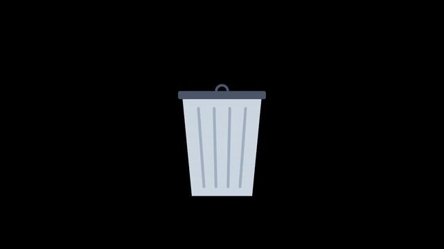 2D Animated Trash Can Opening and Closing on Black Background.