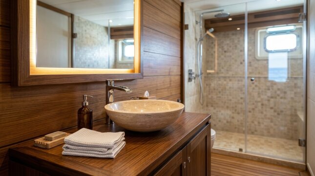 Elegant yacht bathroom with wooden interior and glass shower cabin.