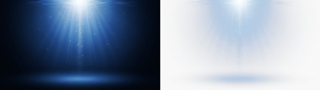 Underwater background with light rays and particles, deep blue sea surface view isolated on transparent background