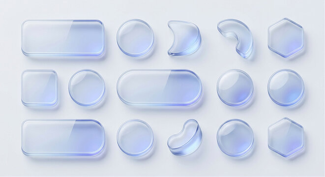 Set of futuristic transparent glassmorphism shapes, translucent rounded rectangles, circles and abstract geometric objects, subtle blue and violet reflections, soft shadows, isolated elements