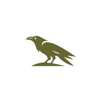 A flat, minimalist vector icon and logo featuring an olive-green raven or crow perched on a small mound. The bird is depicted in profile facing left, characterized by clean lines, sharp wing feathers,
