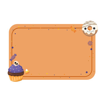 Cute Halloween Rectangular Border with Skull Cupcake and Mummy Donu orange background. Great for food menus, party flyers, and social media posts.