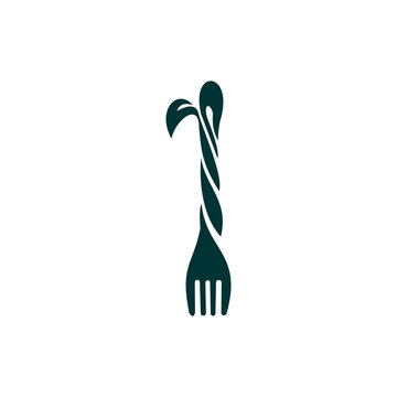 A flat, minimalist vector logo featuring a dark green fork whose handle is stylized with a twisted vine or plant stem ending in small leaves, symbolizing organic food, healthy eating, veganism, or sus