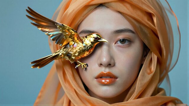 Golden bird perches on woman's face, draped in orange hijab against blue backdrop.