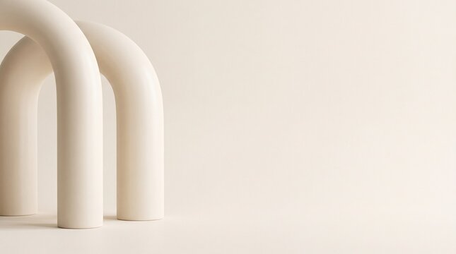Minimalist 3D abstract composition featuring smooth beige curved arches and tubular architectural shapes for a modern clean background