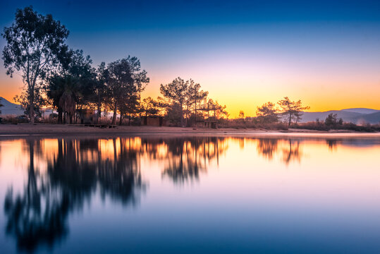 Colorfull sunrise by the port, Akyaka, Turkey