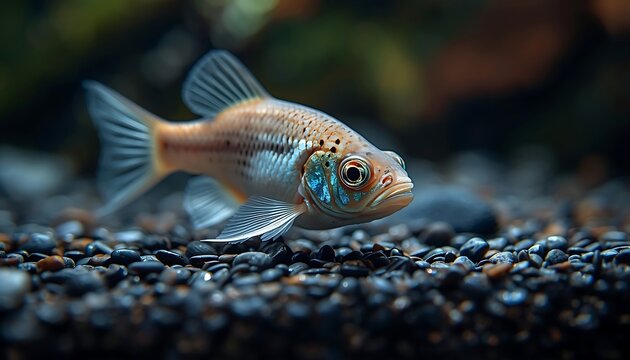 A small, brightly colored aquarium fish with large eyes sits on a bed of dark pebbles.