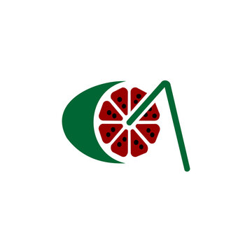 A flat, minimalist vector logo featuring a stylized watermelon slice or fruit segment with black seeds, partially enclosed by a dark green rind shape and accompanied by a bending green straw. 