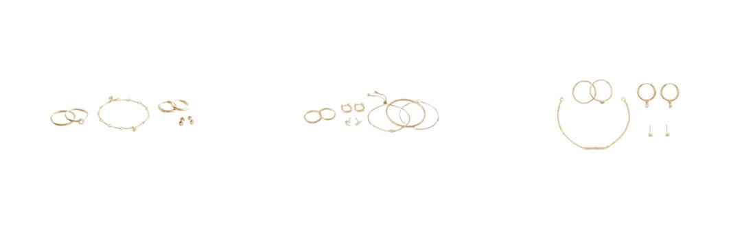 Gold Jewelry Set Elegant Rings Earrings Bracelets Necklaces Collection Isolated Transparent Background Cutout PNG Clipart Graphic Element Luxury Fashion Accessories Jewelry Store Catalog Social Media 