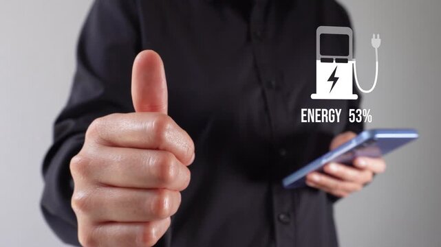 A woman holding a mobile phone while giving a thumbs-up, alongside a power icon above a stylized electric pump displaying a fill level and a percentage.