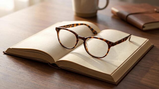 Reading Glasses on Open Book Representing Literacy and Knowledge