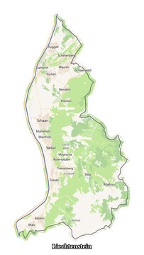 Clean vector map of Liechtenstein showing capital Vaduz, major towns, Rhine river border, road networks, and alpine terrain against a white background.