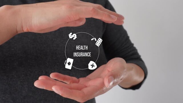 Close-up of a woman's hands cupping a white circular health insurance icon. It represents medical care, cost, and coverage. Ideal for insurance and healthcare contexts.