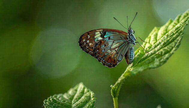 Butterfly with iridescent blue wings resting on green leaf