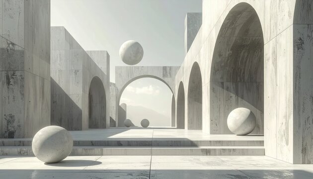 Minimalist abstract concrete arches and white spheres in sunlight