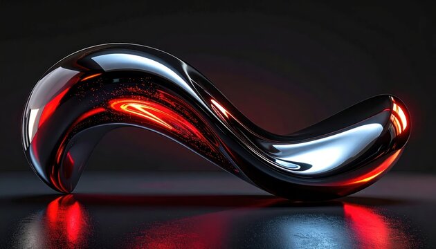 Futuristic chrome wave sculpture with glowing red reflections