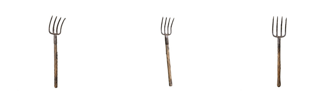 Rustic Pitchfork PNG Vector Set, Vintage Garden Pitch Fork Cutout Collection, Farming & Agricultural Tool Graphic Asset, Isolated Wooden Handle Pitchfork Clipart Pack, Farm Equipment Illustration for 