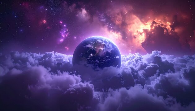 Planet Earth nestled in purple clouds against cosmic nebula