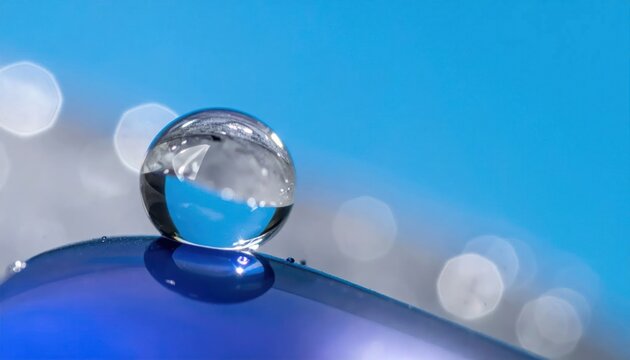 Clear water drop on blue surface with bokeh background