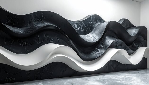Modern wavy black marble wall sculpture in minimalist gallery