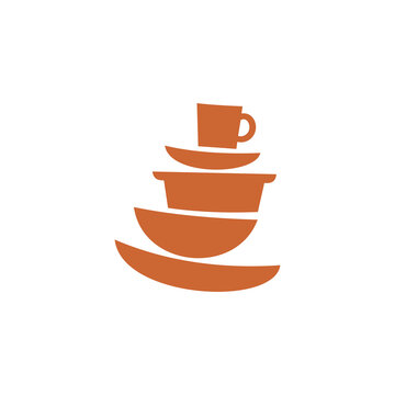 A flat, minimalist vector logo featuring a vertical stack of various kitchenware and tableware items&mdash;including plates, bowls, a pot, and a coffee mug on top&mdash;rendered in a solid orange-brown tone.