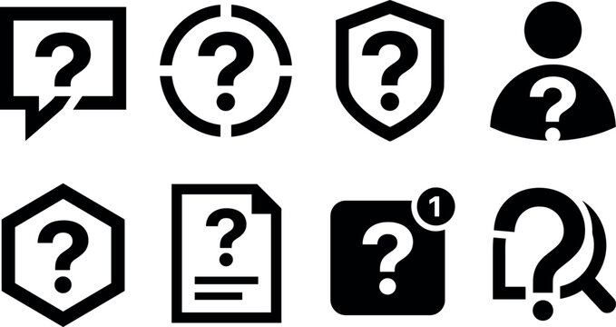 Question mark icon set for help support FAQ communication document shield notification and customer service search graphic vector