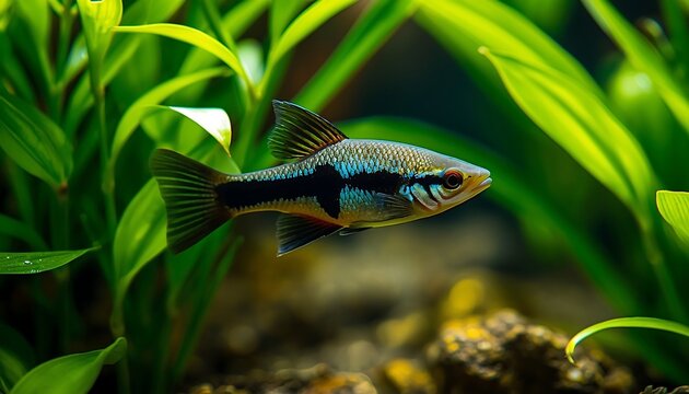 A small, schooling fish with a dark lateral stripe swims through dense green aquatic plants.