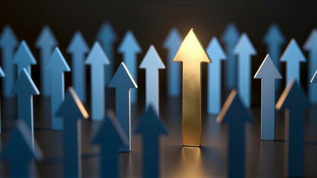 Golden arrow stands out among blue ones, symbolizing leadership and distinction.