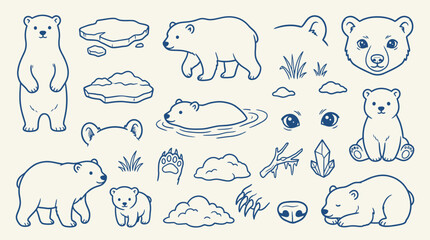 A charming collection of hand-drawn polar bear illustrations, featuring various poses, cubs, and arctic elements like ice and snow. © zainab