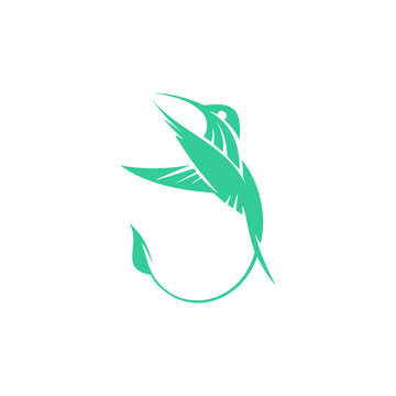 A flat, minimalist vector logo featuring a turquoise or mint-green hummingbird in flight, with its beak pointing upwards and its long curving tail wrapping around to form a leaf shape. The design conv