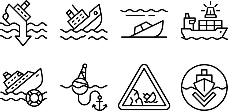 Sinking ship and maritime accident icon set with shipwreck emergency boat warning signs line art vector isolated on white background
