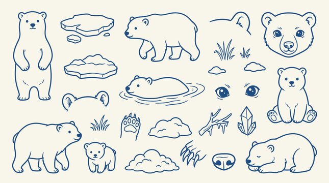 A charming collection of hand-drawn polar bear illustrations, featuring various poses, cubs, and arctic elements like ice and snow.