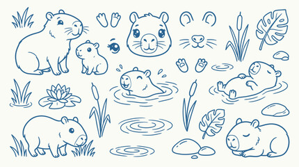 Fototapeta premium Cute Capybara Family and Elements in a Whimsical Line Art Style.